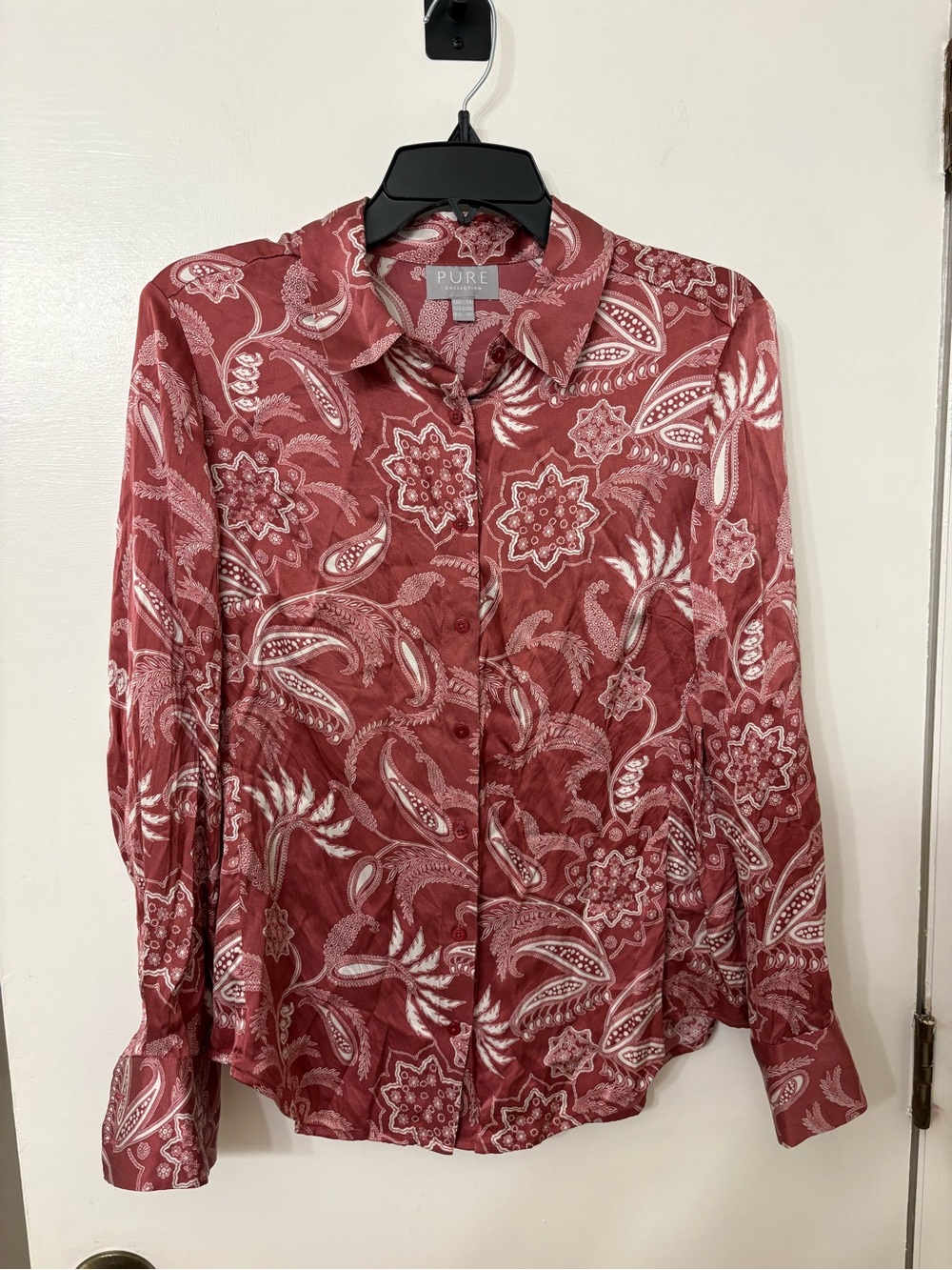 Pure Collection 100% Silk Button Down Blouse Maroon Paisley Long Sleeve Sz 8/10